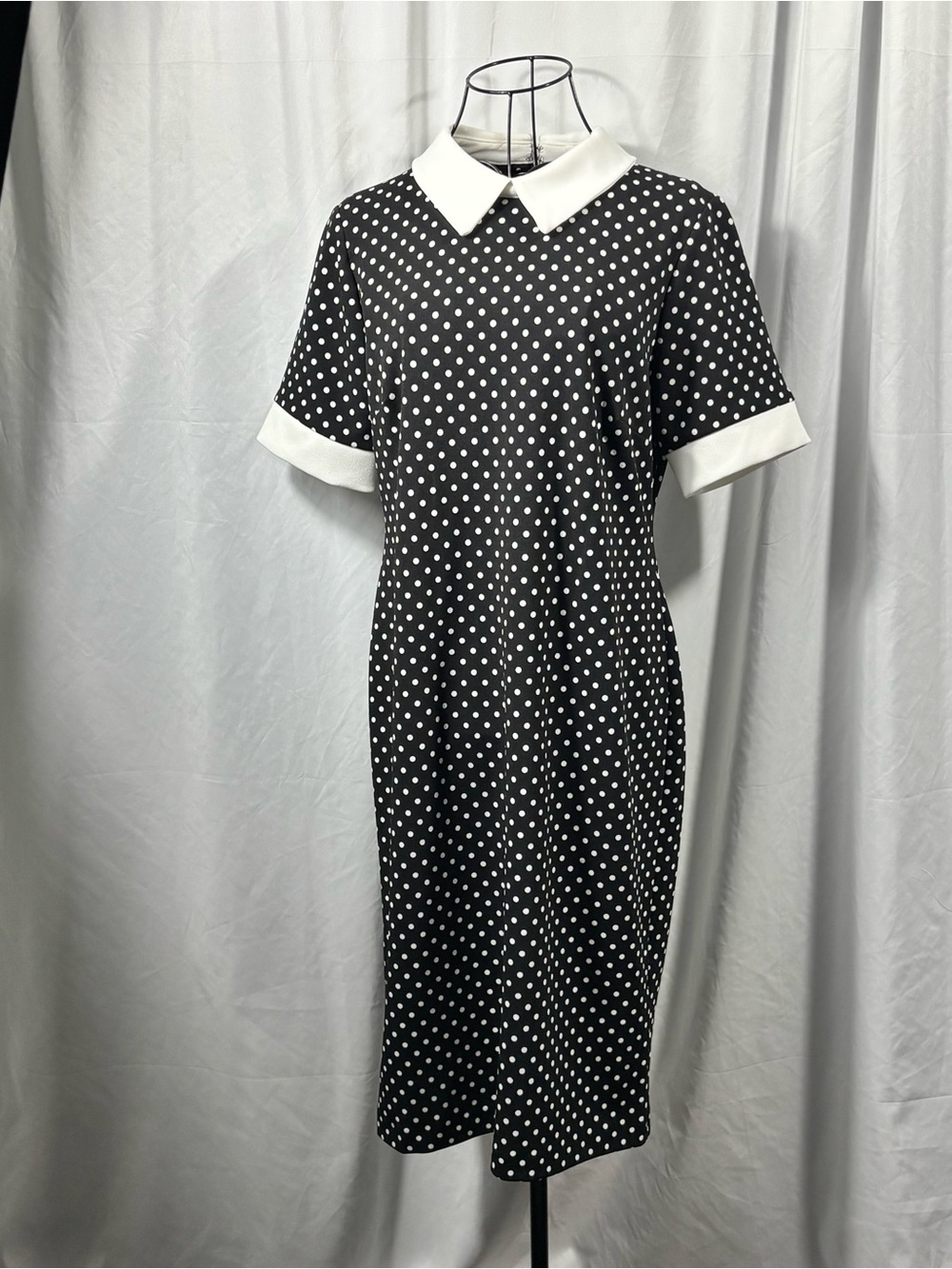 Shelby & Palmer Black Polka Dot Midi Dress with White Collar